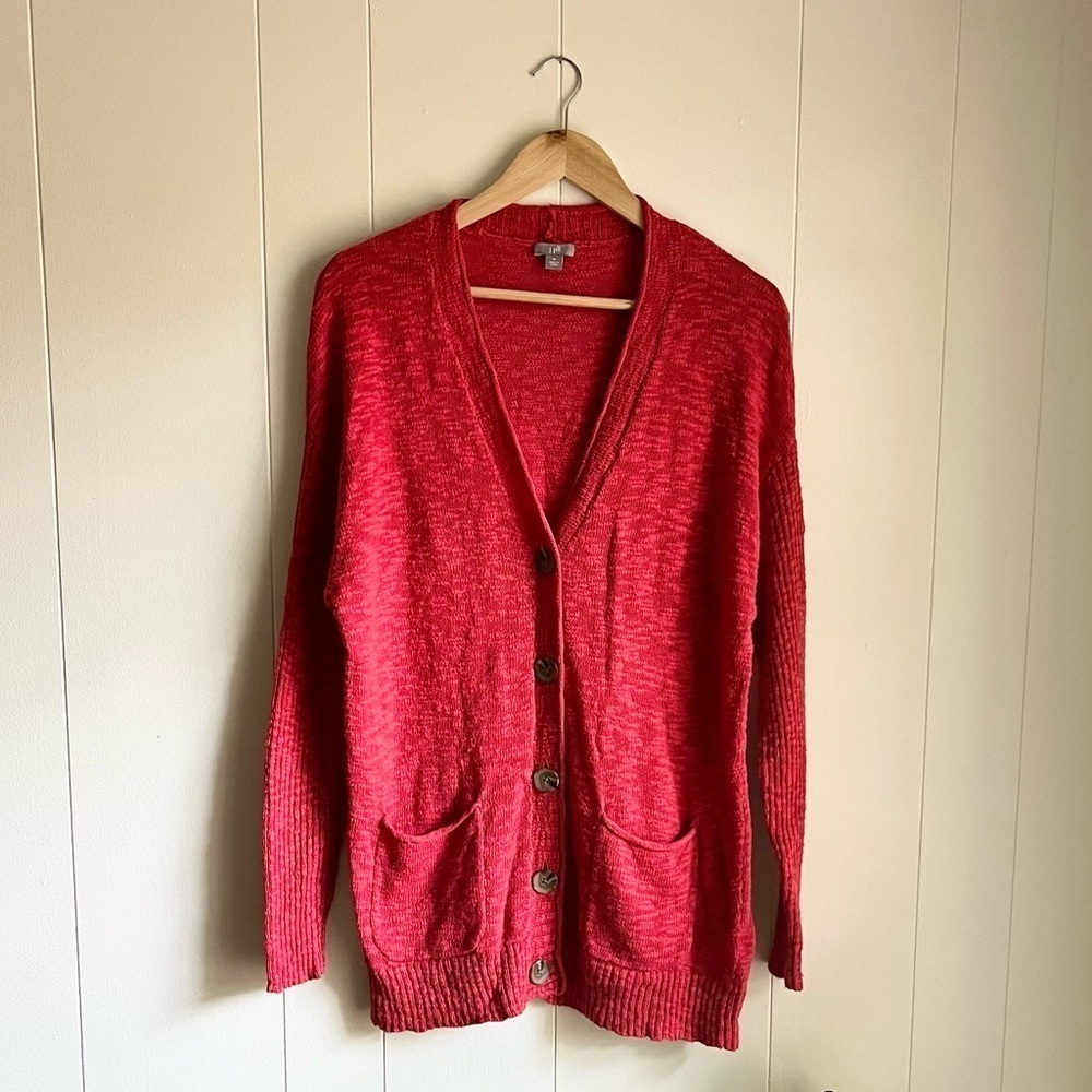J. Jill Red Orange Knit V- Neck Oversized Pocket Cotton Sweater Cardigan…